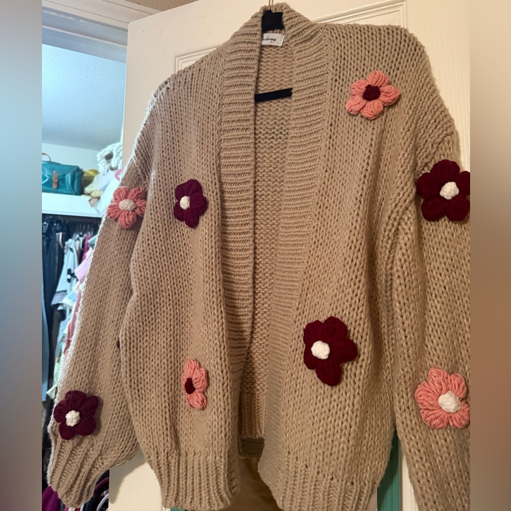 Duchamp Beige Cardigan with Pink and Burgundy Flower Appliqués